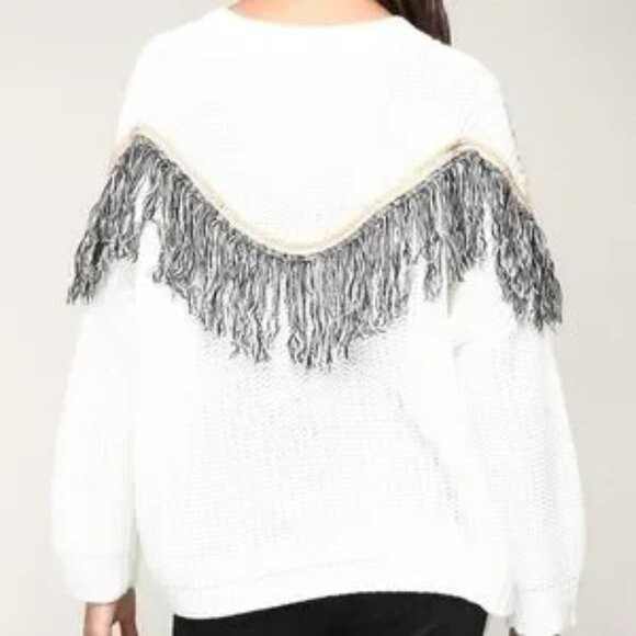 Mustard Seed Ivory Fringe Western Chunky Knit Oversized Boxy Rodeo Sweater Med - Picture 8 of 8